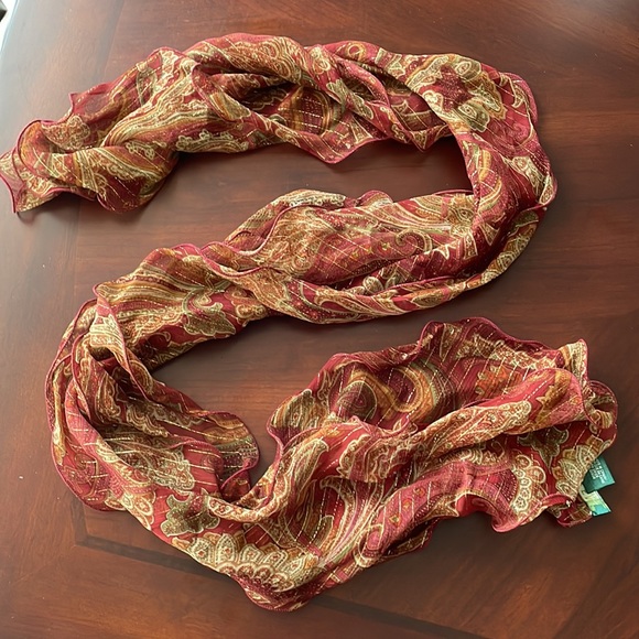 Lauren Ralph Lauren Red Multi Eliza Paisley Sheer Silk Blend Metallic Stripe - Picture 2 of 5